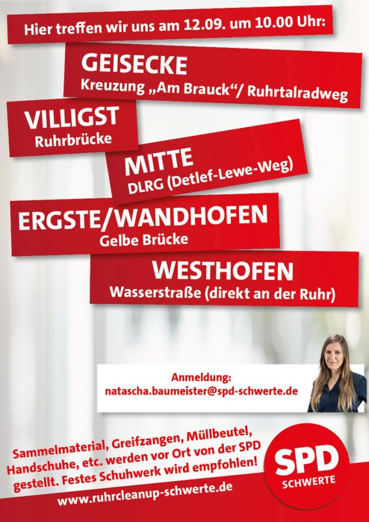 Flyer-Rückseite mit den fünf Treffpunkten des RuhrCleanUp Schwerte 2026