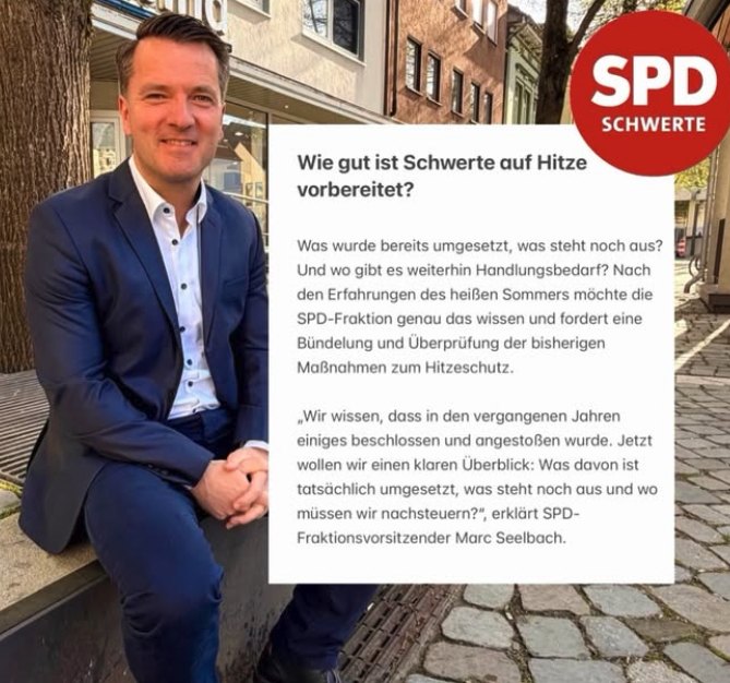Marc Seelbach mit Textkachel „Wie gut ist Schwerte auf Hitze vorbereitet?“